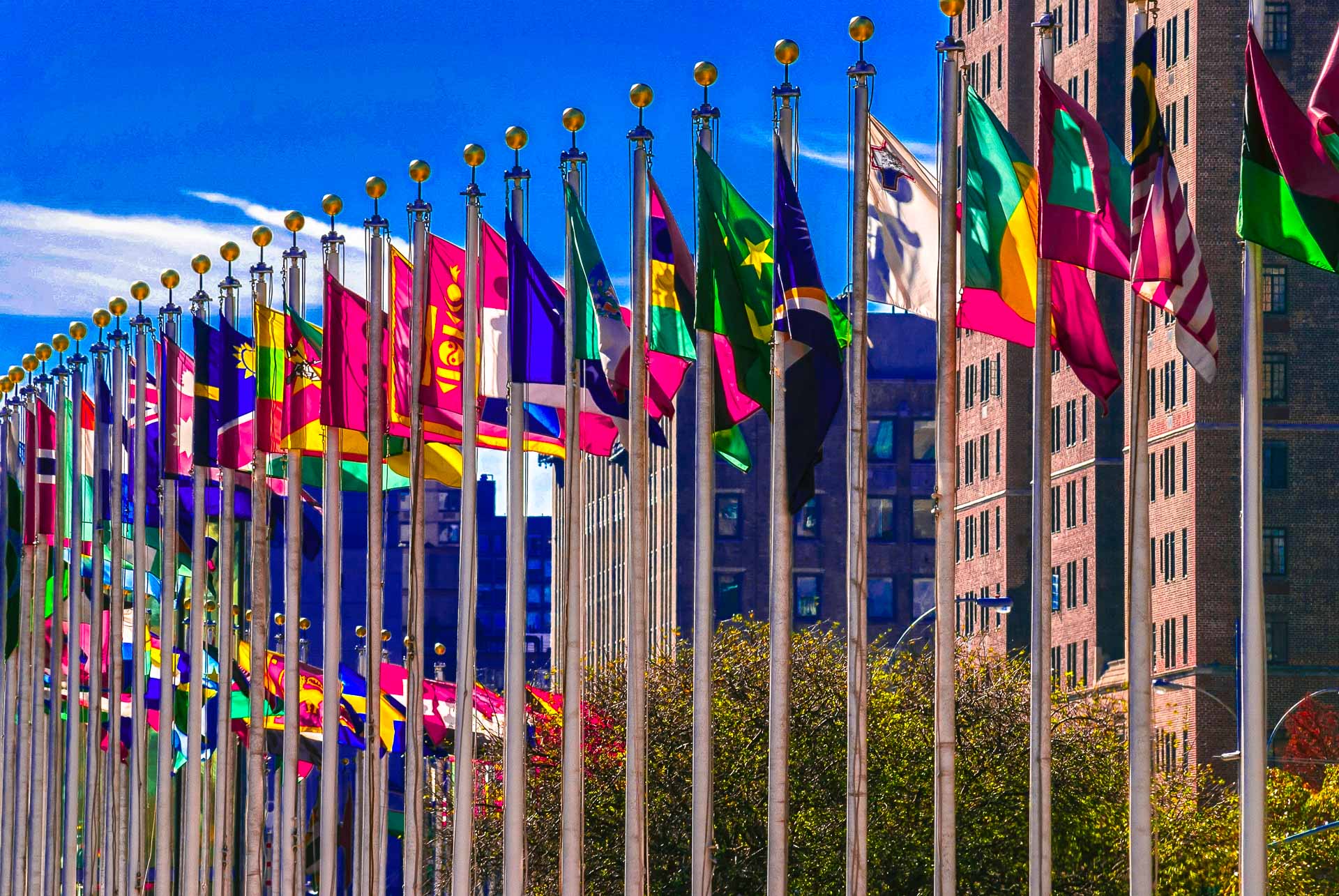 flags on the plaza of the United Nations Building in New York City